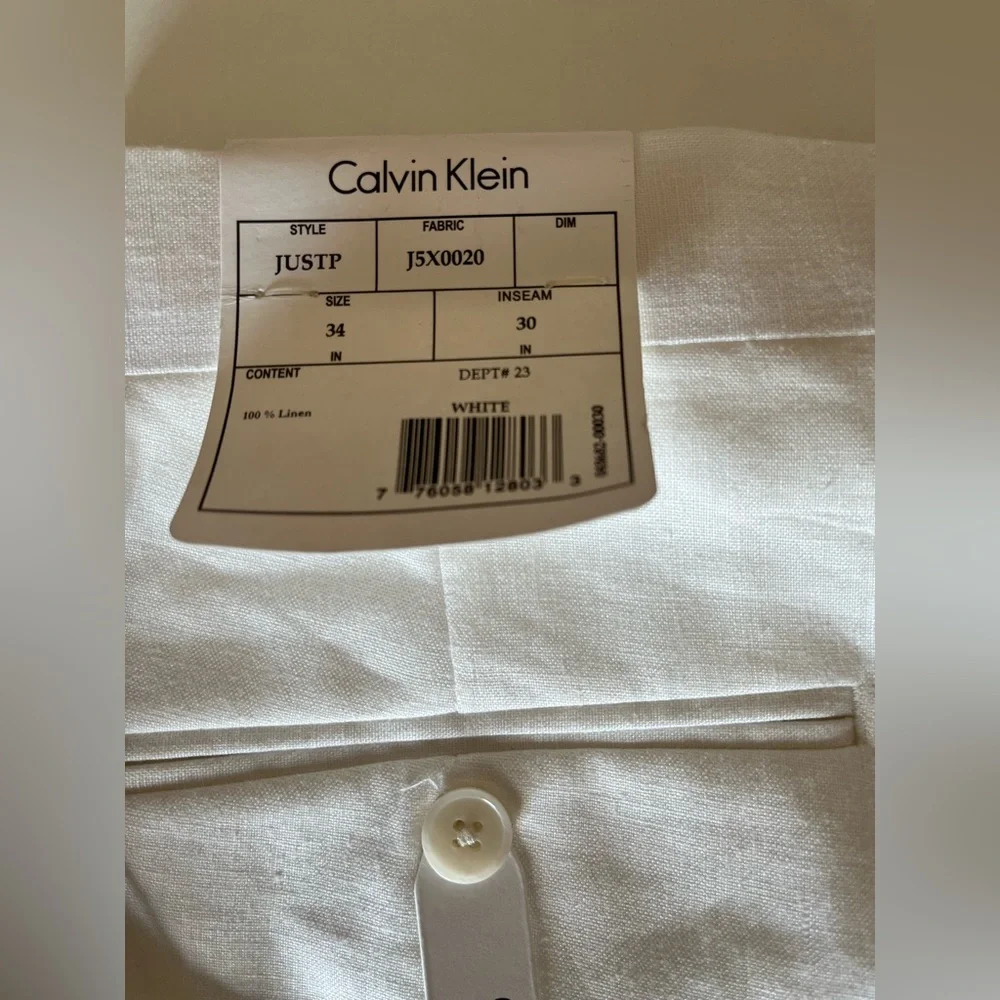 NWT Men’s Calvin Klein Flat Front White Linen Pants Trousers Size 34x30 lined
